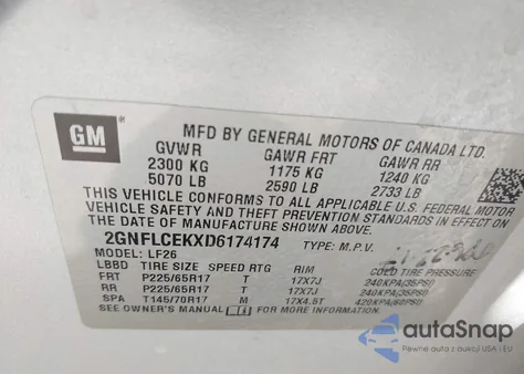 2013 Chevrolet Equinox Ls z USA, uszkodzony, nr VIN 2GNFLCEKXD6174174